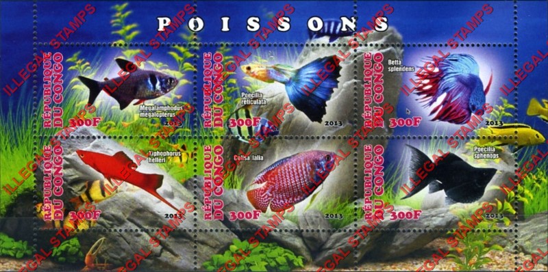 Congo Republic 2013 Fish Illegal Stamp Souvenir Sheet of 6