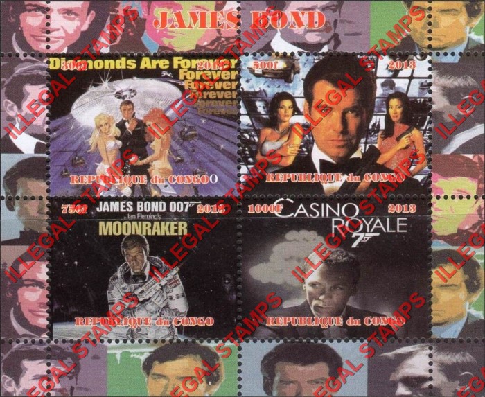 Congo Republic 2013 James Bond Illegal Stamp Souvenir Sheet of 4