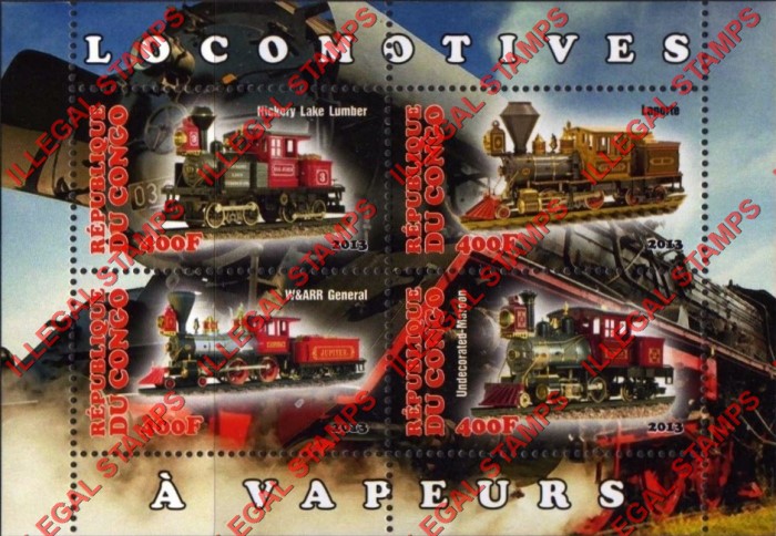 Congo Republic 2013 Steam Locomotives Illegal Stamp Souvenir Sheet of 4