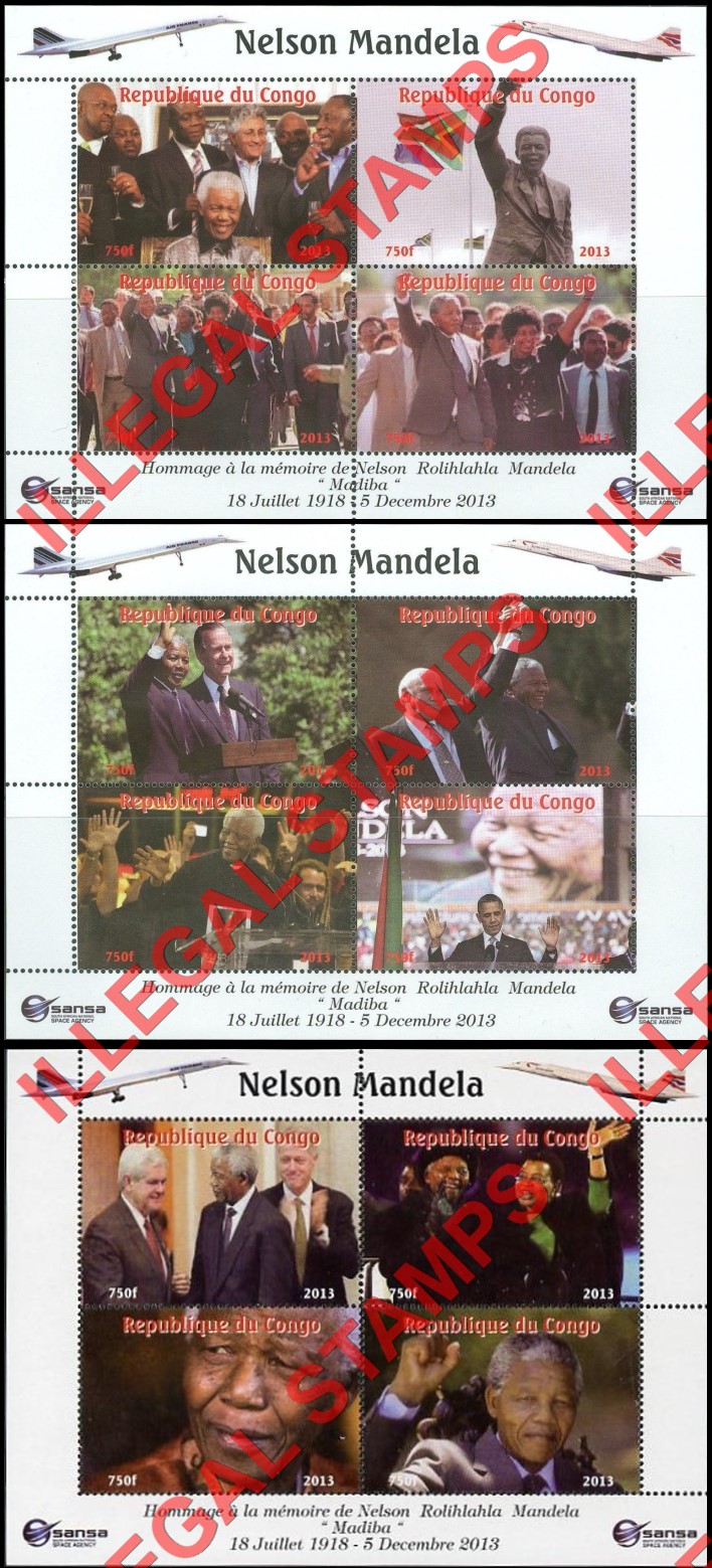 Congo Republic 2013 Nelson Mandela Illegal Stamp Souvenir Sheets of 4 with Concorde in Corners