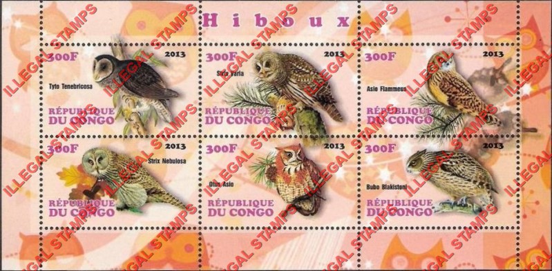 Congo Republic 2013 Owls Illegal Stamp Souvenir Sheet of 6