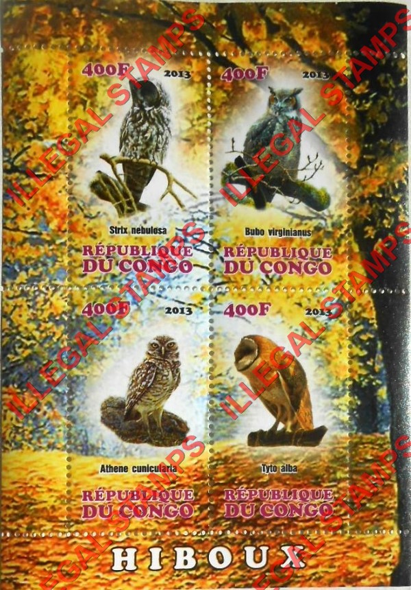 Congo Republic 2013 Owls Illegal Stamp Souvenir Sheet of 4