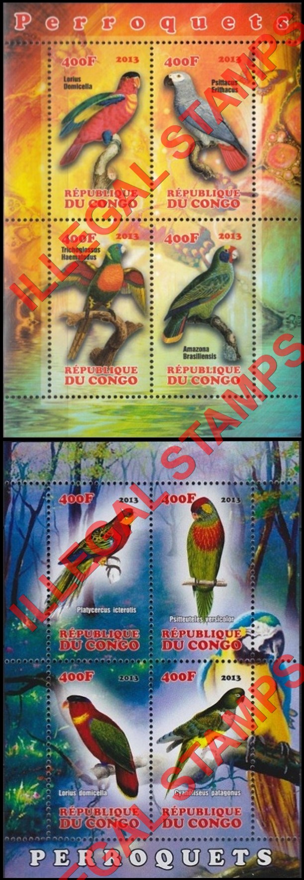 Congo Republic 2013 Parrots Illegal Stamp Souvenir Sheets of 4