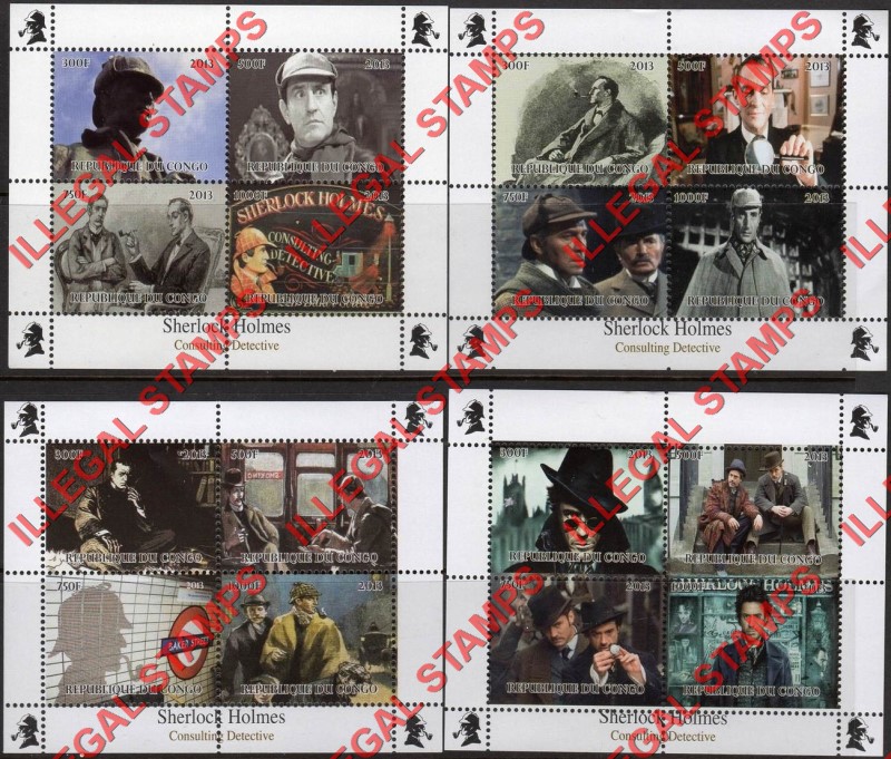 Congo Republic 2013 Sherlock Holmes Illegal Stamp Souvenir Sheets of 4