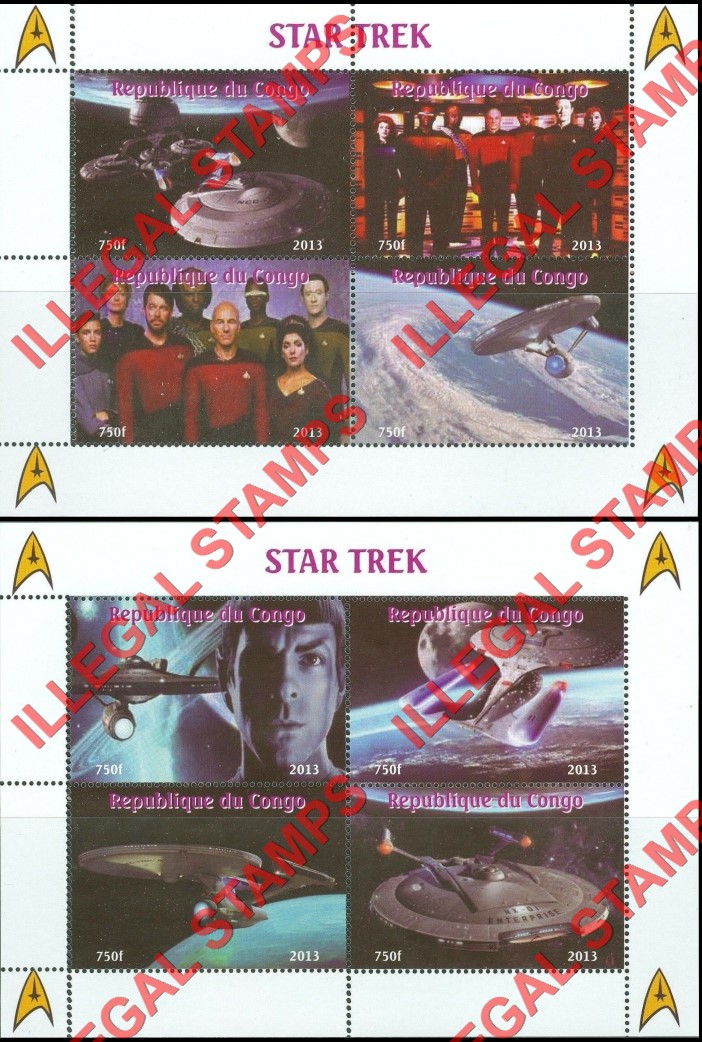 Congo Republic 2013 Star Trek Illegal Stamp Souvenir Sheets of 4
