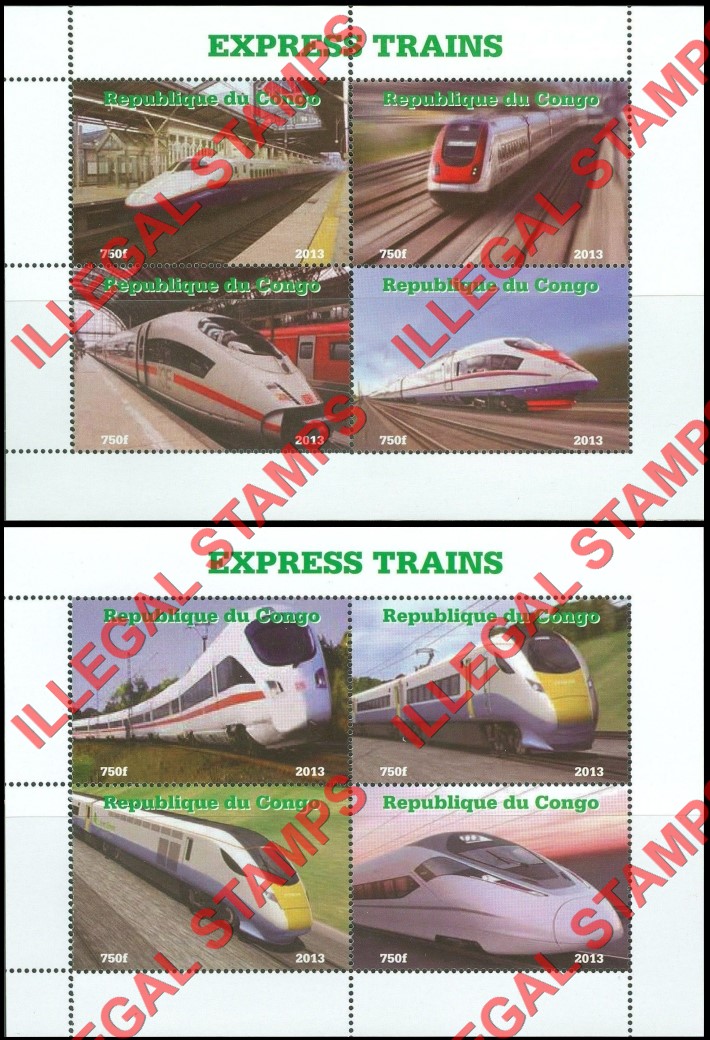 Congo Republic 2013 Express Trains Illegal Stamp Souvenir Sheets of 4