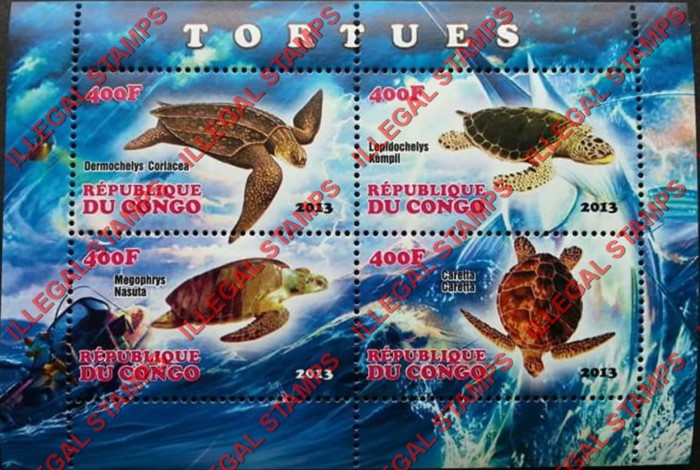 Congo Republic 2013 Turtles Illegal Stamp Souvenir Sheet of 4