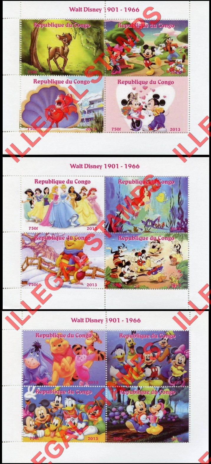 Congo Republic 2013 Walt Disney Cartoons Illegal Stamp Souvenir Sheets of 4