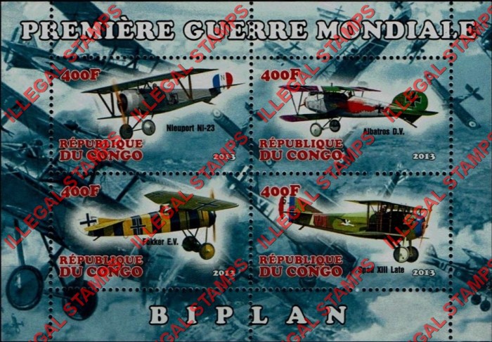 Congo Republic 2013 World War II Biplanes Illegal Stamp Souvenir Sheet of 4