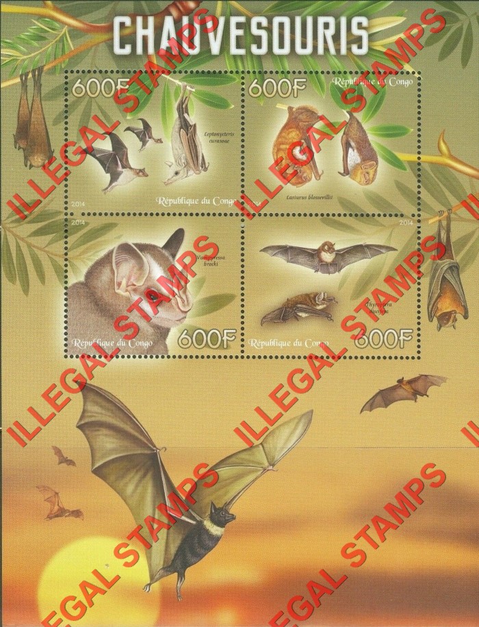 Congo Republic 2014 Bats Illegal Stamp Souvenir Sheet of 4