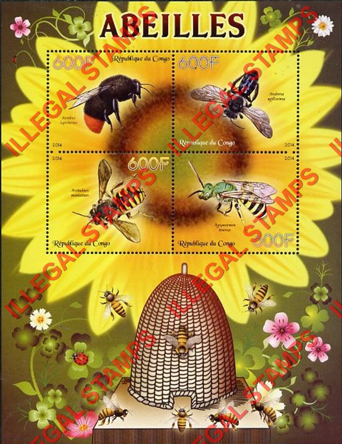 Congo Republic 2014 Bees Illegal Stamp Souvenir Sheet of 4