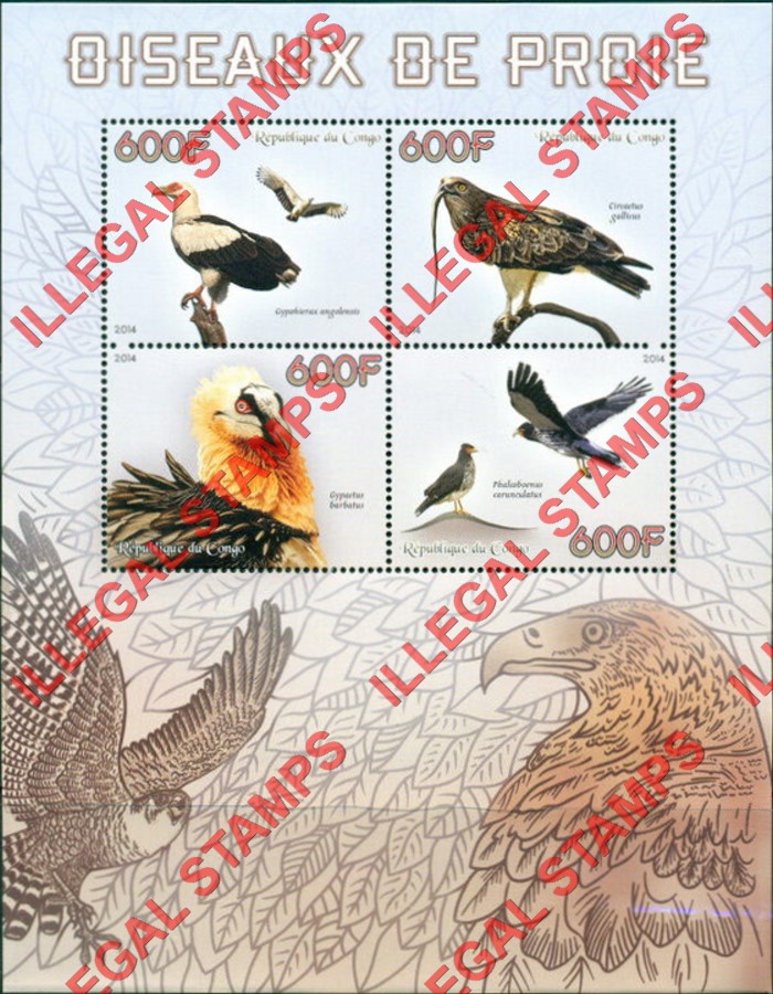 Congo Republic 2014 Birds of Prey Illegal Stamp Souvenir Sheet of 4