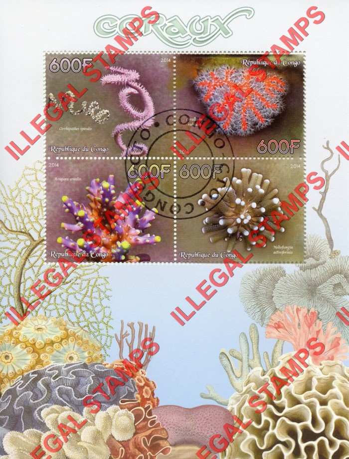 Congo Republic 2014 Coral Illegal Stamp Souvenir Sheet of 4