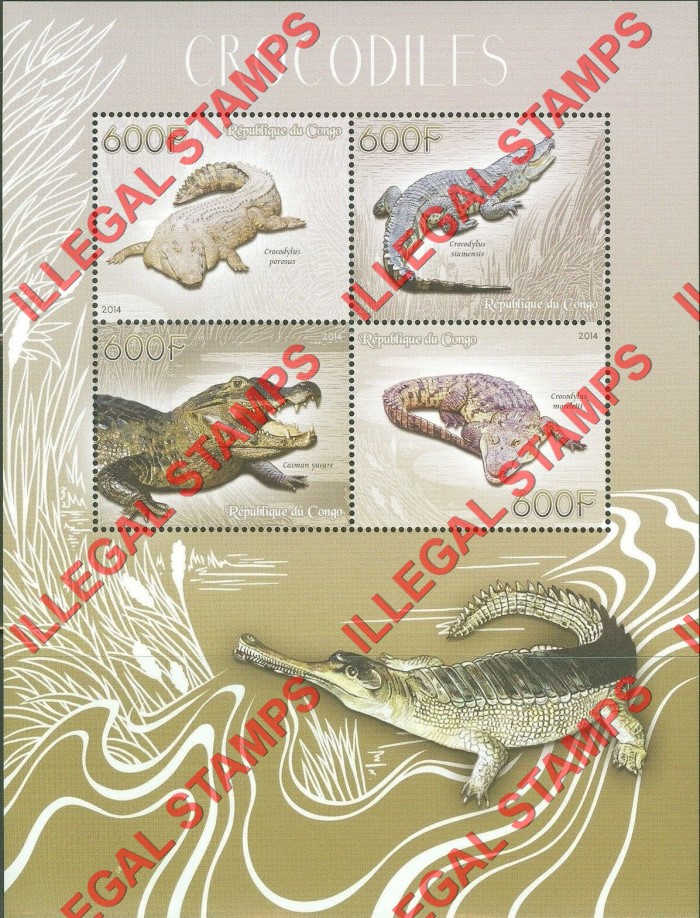Congo Republic 2014 Crocodiles Illegal Stamp Souvenir Sheet of 4