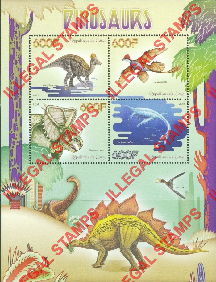 Congo Republic 2014 Dinosaurs Illegal Stamp Souvenir Sheet of 4