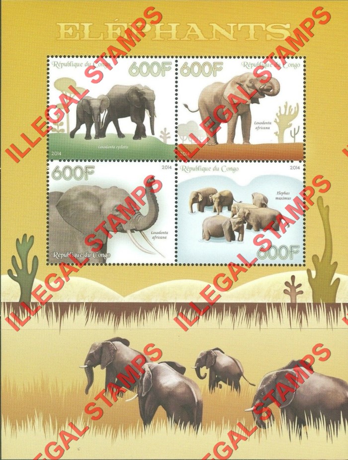 Congo Republic 2014 Elephants Illegal Stamp Souvenir Sheet of 4