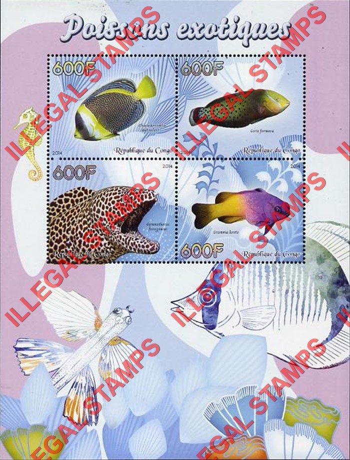 Congo Republic 2014 Fish Illegal Stamp Souvenir Sheet of 4