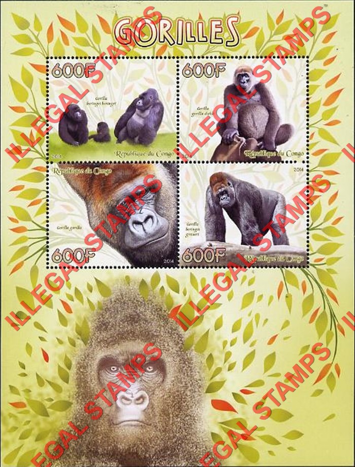 Congo Republic 2014 Gorillas Illegal Stamp Souvenir Sheet of 4