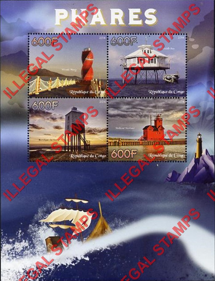 Congo Republic 2014 Lighthouses Illegal Stamp Souvenir Sheet of 4