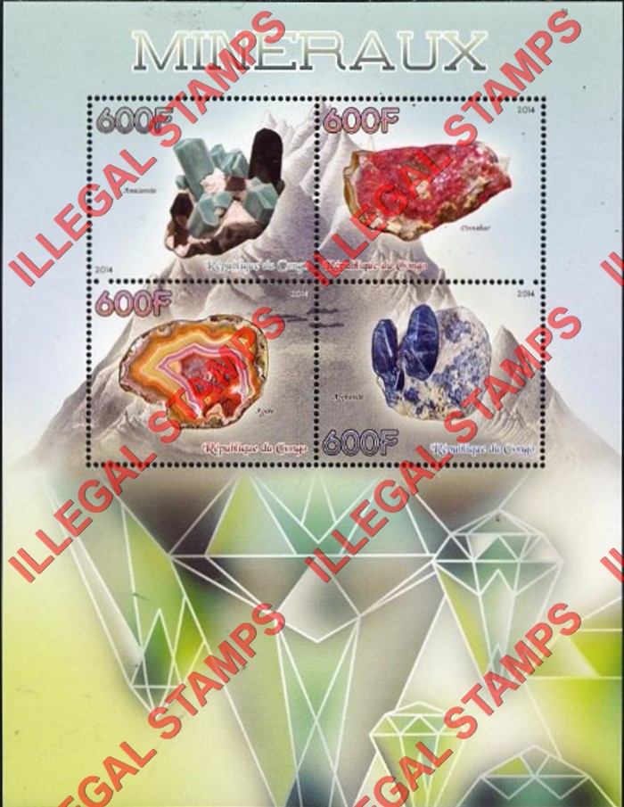 Congo Republic 2014 Minerals Illegal Stamp Souvenir Sheet of 4