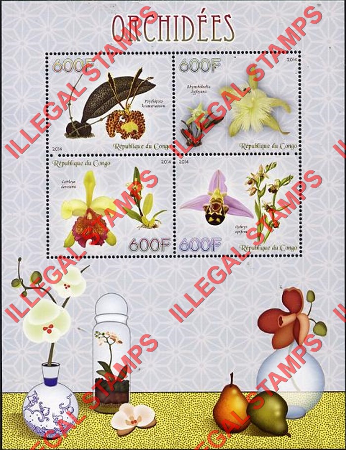 Congo Republic 2014 Orchids Illegal Stamp Souvenir Sheet of 4