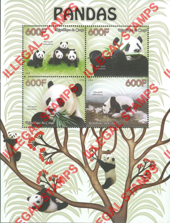 Congo Republic 2014 Pandas Illegal Stamp Souvenir Sheet of 4