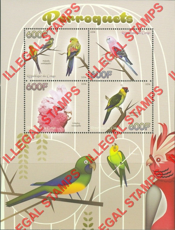 Congo Republic 2014 Parrots Illegal Stamp Souvenir Sheet of 4