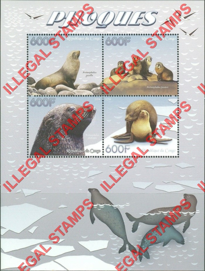Congo Republic 2014 Seals Illegal Stamp Souvenir Sheet of 4
