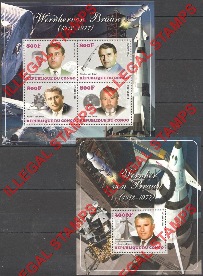 Congo Republic 2014 Space Wernher von Braun Illegal Stamp Souvenir Sheets of 4 and 1 (Part 1)