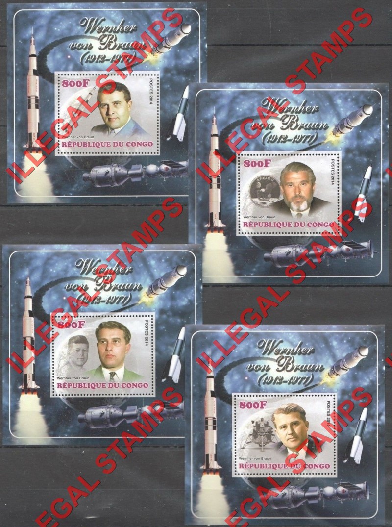 Congo Republic 2014 Space Wernher von Braun Illegal Stamp Souvenir Sheets of 4 and 1 (Part 2)