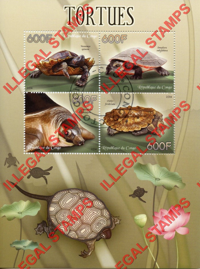 Congo Republic 2014 Turtles Illegal Stamp Souvenir Sheet of 4