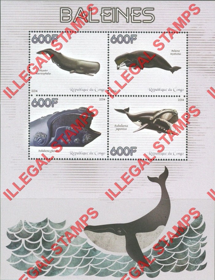 Congo Republic 2014 Whales Illegal Stamp Souvenir Sheet of 4