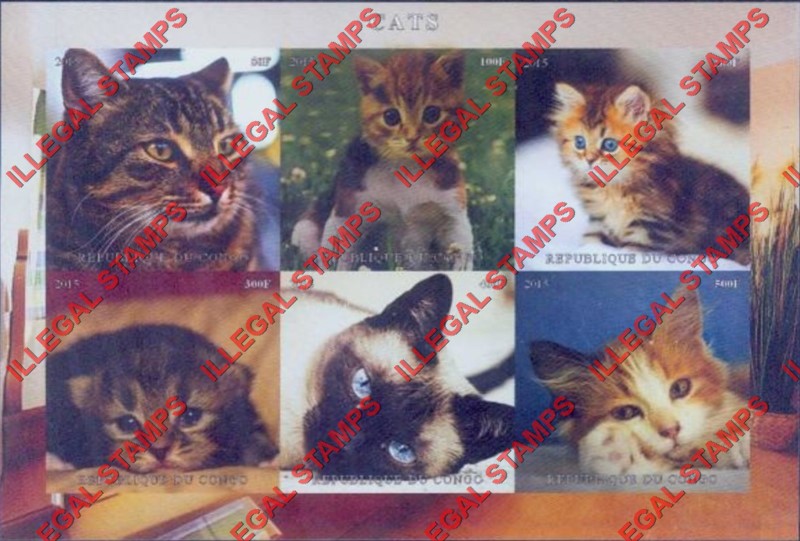 Congo Republic 2015 Cats Illegal Stamp Souvenir Sheet of 6