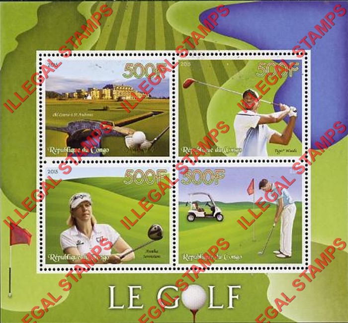 Congo Republic 2015 Golf Illegal Stamp Souvenir Sheet of 4