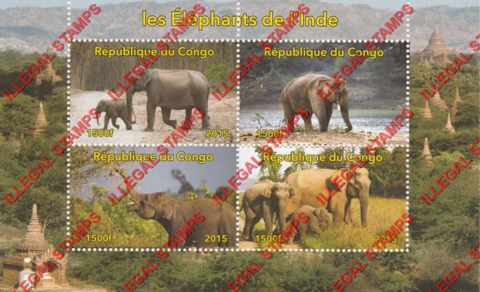 Congo Republic 2015 Indian Elephants Illegal Stamp Souvenir Sheet of 4