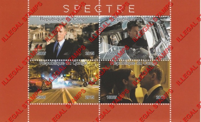 Congo Republic 2015 James Bond Spectre Illegal Stamp Souvenir Sheet of 4
