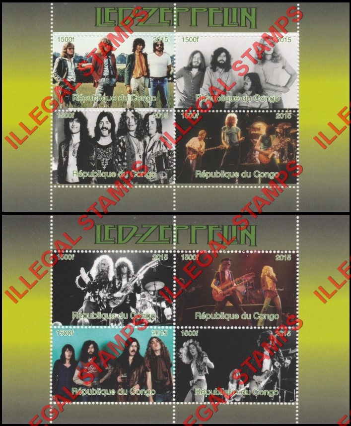 Congo Republic 2015 Led Zeppelin Illegal Stamp Souvenir Sheets of 4