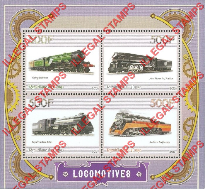 Congo Republic 2015 Locomotives Illegal Stamp Souvenir Sheet of 4