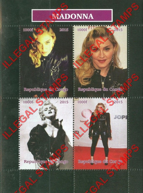 Congo Republic 2015 Madonna Illegal Stamp Souvenir Sheet of 4