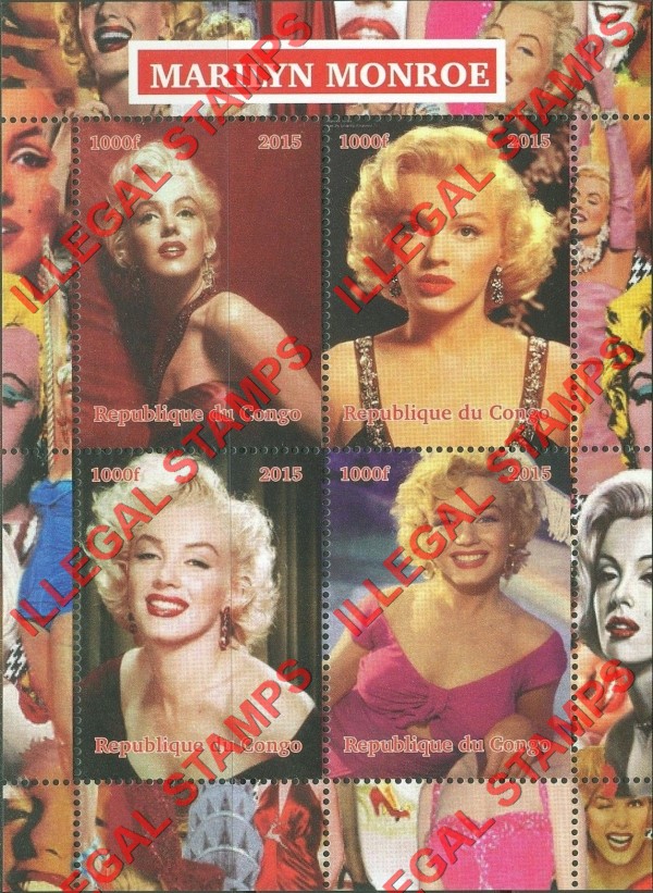 Congo Republic 2015 Marilyn Monroe Illegal Stamp Souvenir Sheet of 4
