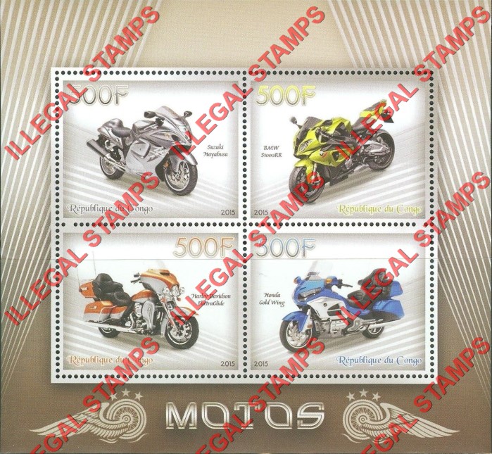 Congo Republic 2015 Motorcycles Illegal Stamp Souvenir Sheet of 4