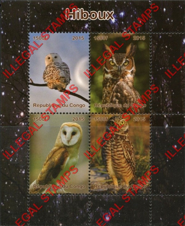 Congo Republic 2015 Owls Illegal Stamp Souvenir Sheet of 4