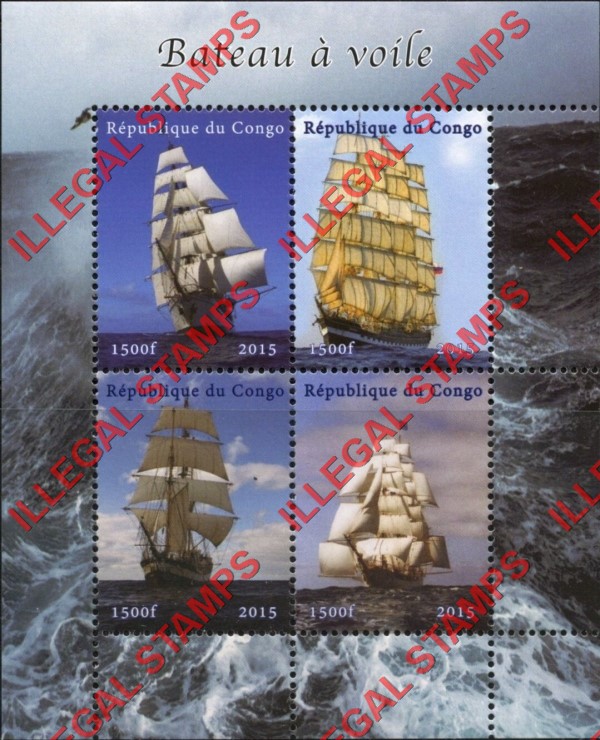 Congo Republic 2015 Sailing Ships Illegal Stamp Souvenir Sheet of 4