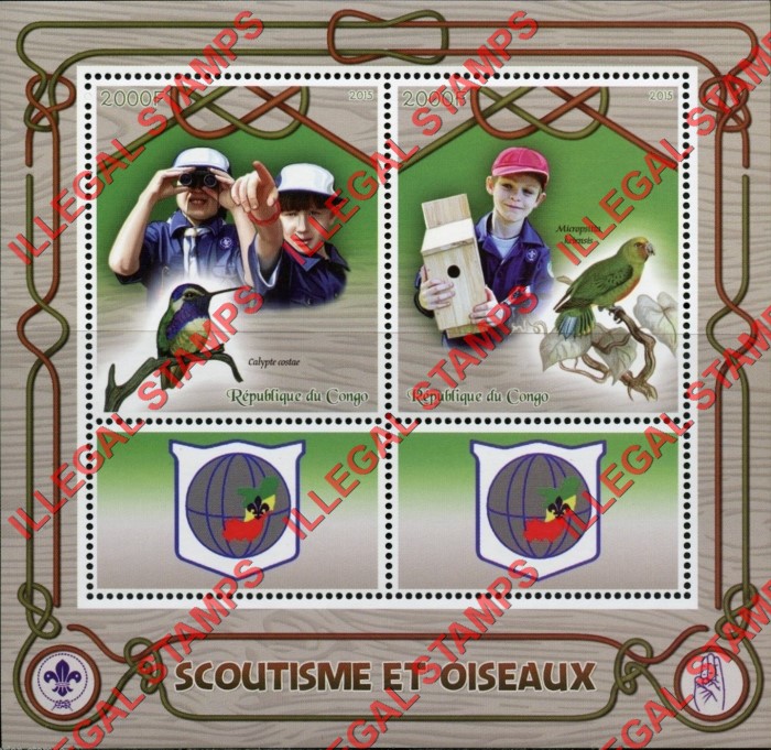 Congo Republic 2015 Scouts and Birds Illegal Stamp Souvenir Sheet of 4