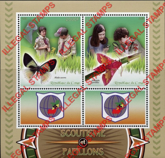 Congo Republic 2015 Scouts and Butterflies Illegal Stamp Souvenir Sheet of 4