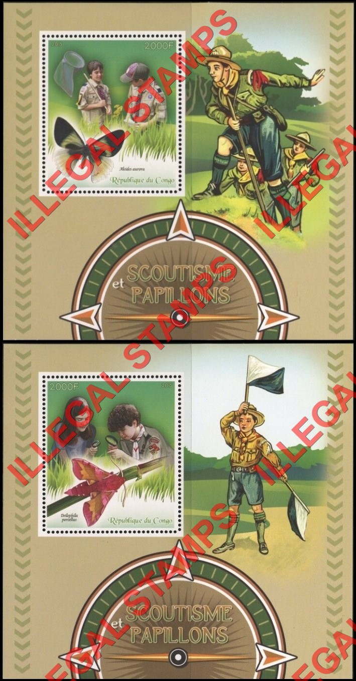 Congo Republic 2015 Scouts and Butterflies Illegal Stamp Souvenir Sheets of 1
