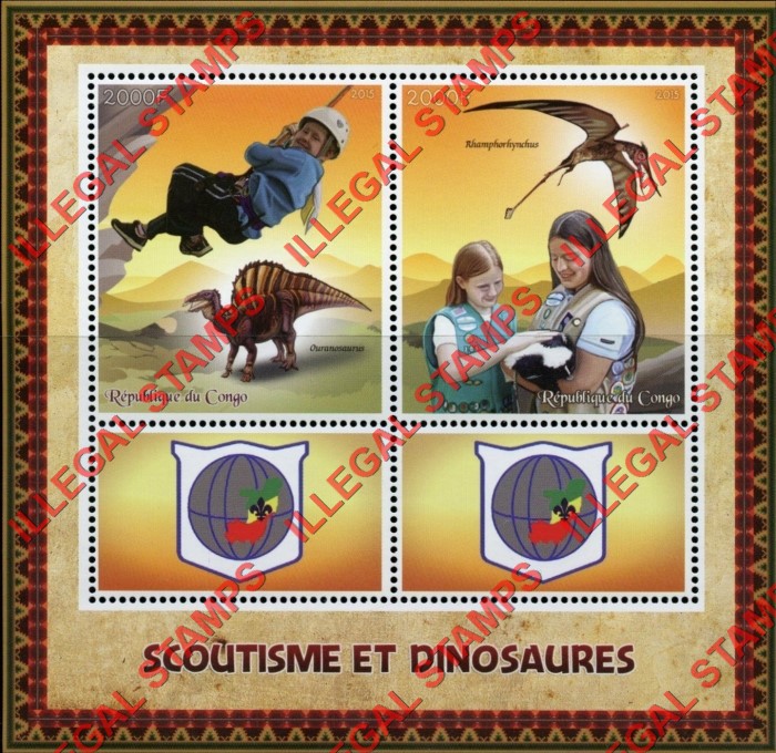 Congo Republic 2015 Scouts and Dinosaurs Illegal Stamp Souvenir Sheet of 4