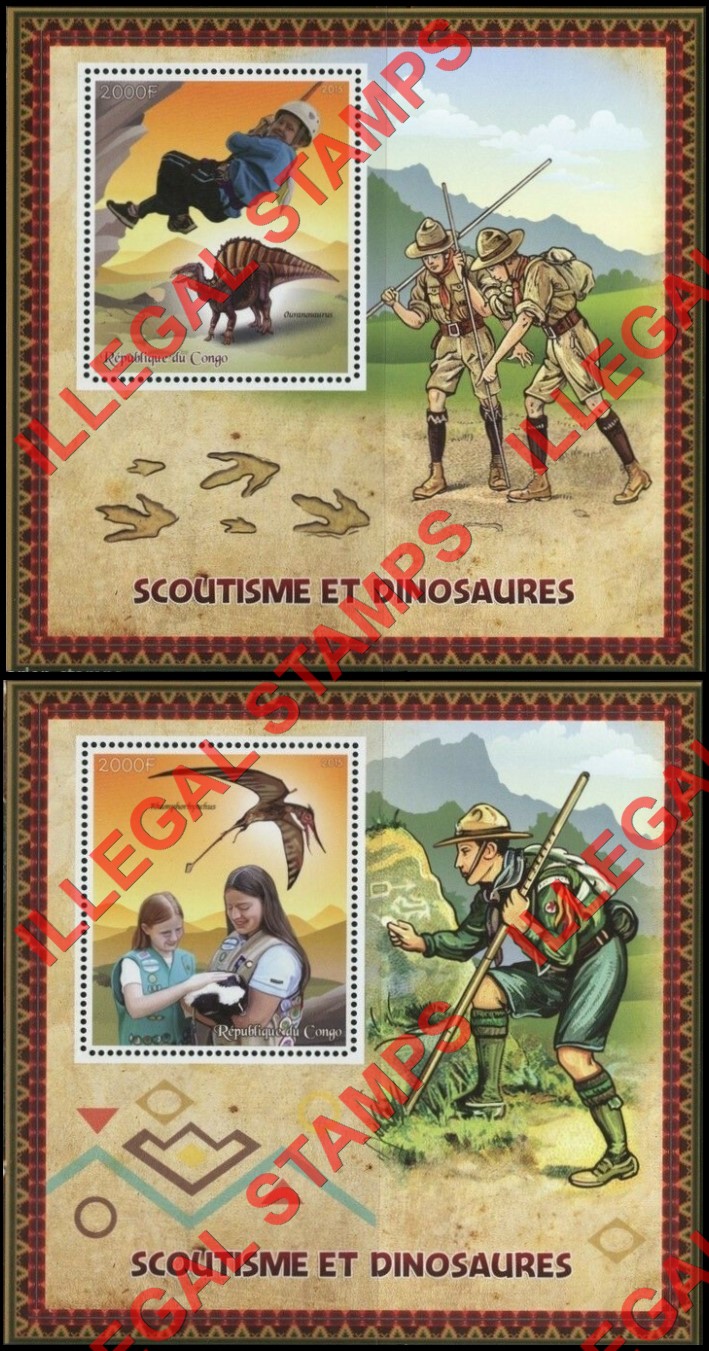 Congo Republic 2015 Scouts and Dinosaurs Illegal Stamp Souvenir Sheets of 1