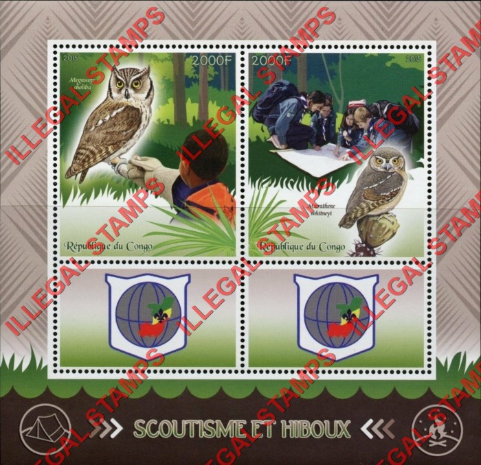 Congo Republic 2015 Scouts and Owls Illegal Stamp Souvenir Sheet of 4