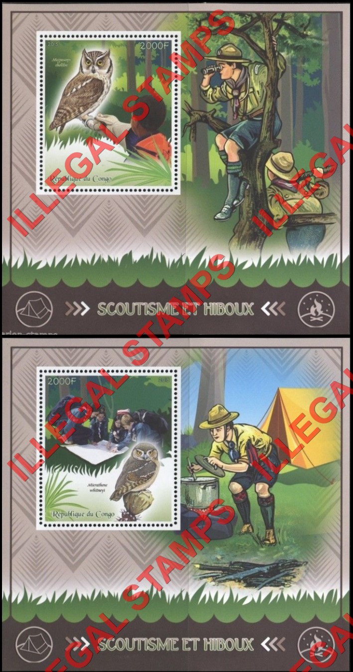 Congo Republic 2015 Scouts and Owls Illegal Stamp Souvenir Sheets of 1